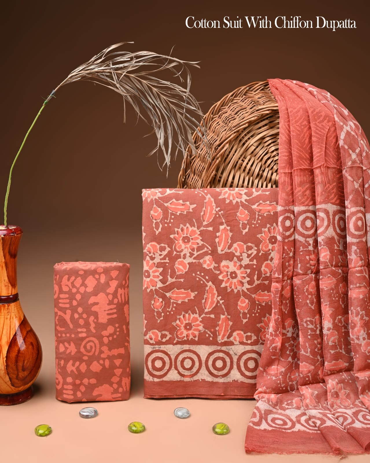 Pure Cotton Hand Block Printed Suit Set With Chiffon Dupatta