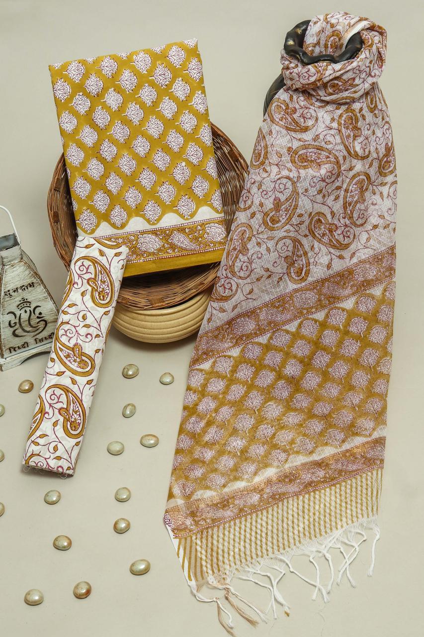 Pure Cotton Hand Block Printed Suit Set With Kota Doria Dupatta