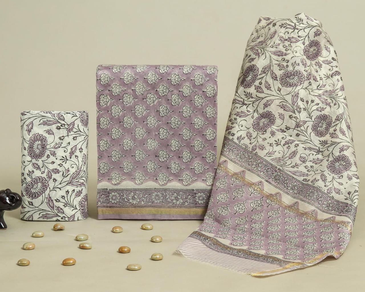 Designer Handblock Printed Chanderi Silk Suit Set