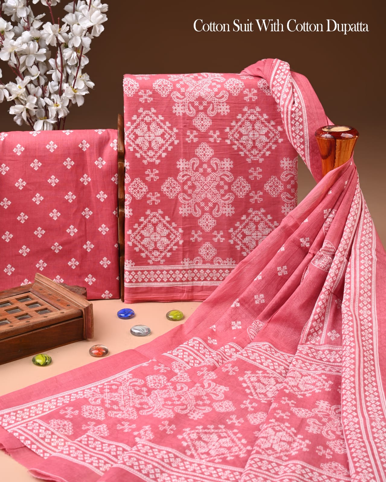 Designer Hand Block Printed Cotton Suit Set With Cotton Dupatta