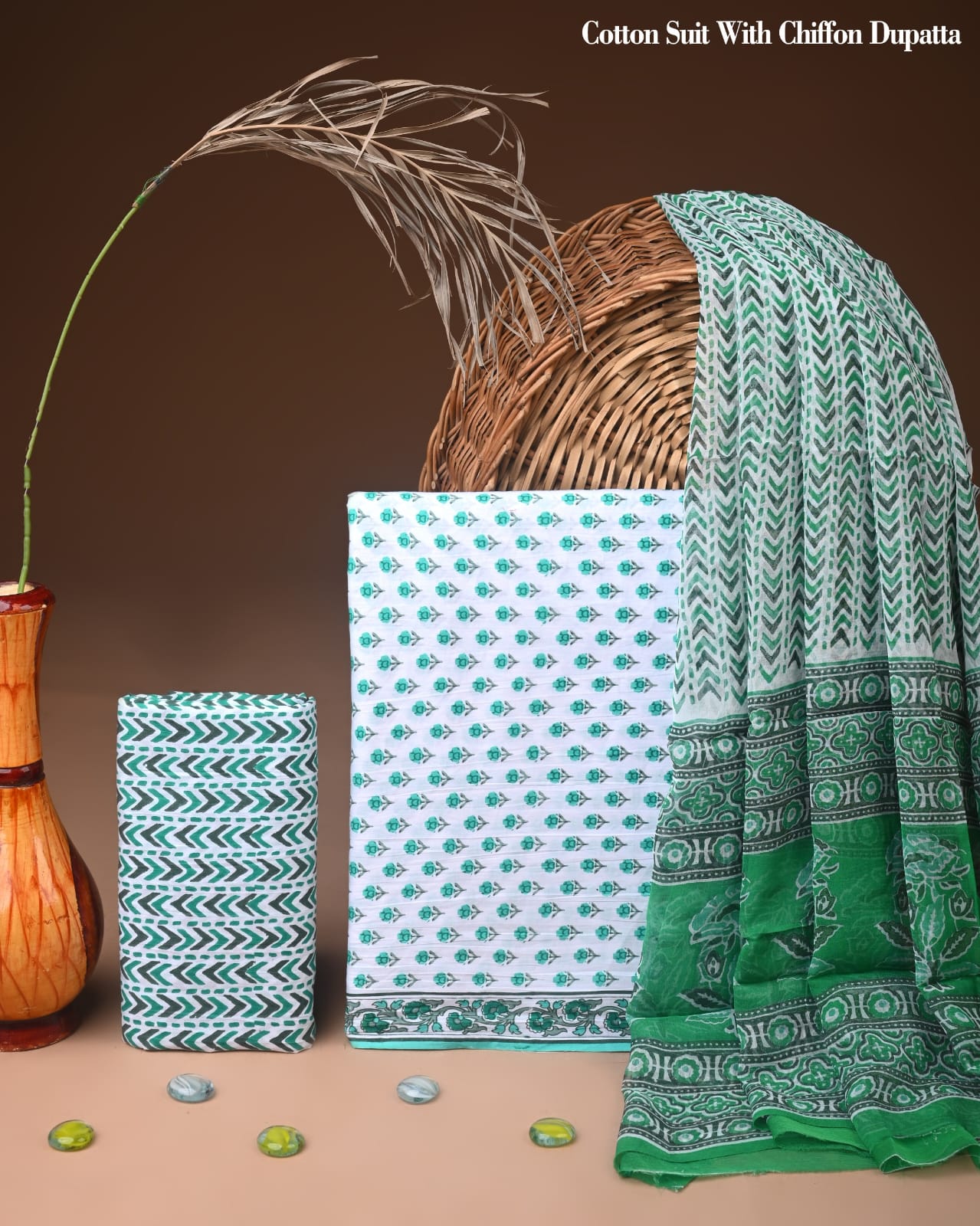 Pure Cotton Hand Block Printed Suit Set With Chiffon Dupatta