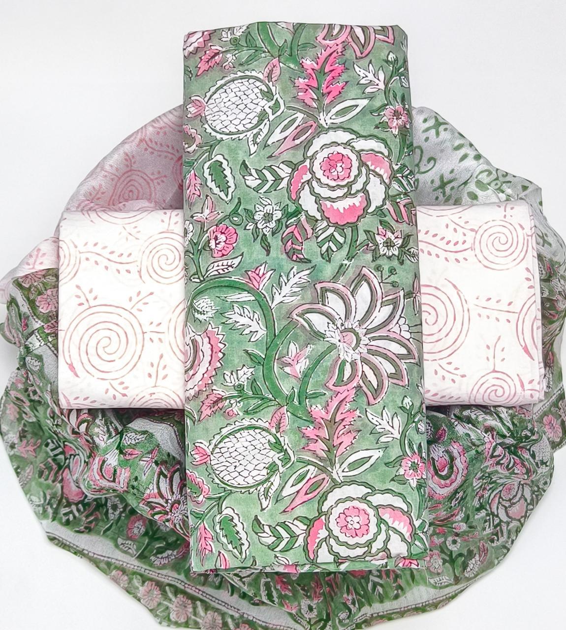 Pure Cotton Hand Block Printed Suit Set With Chiffon Dupatta