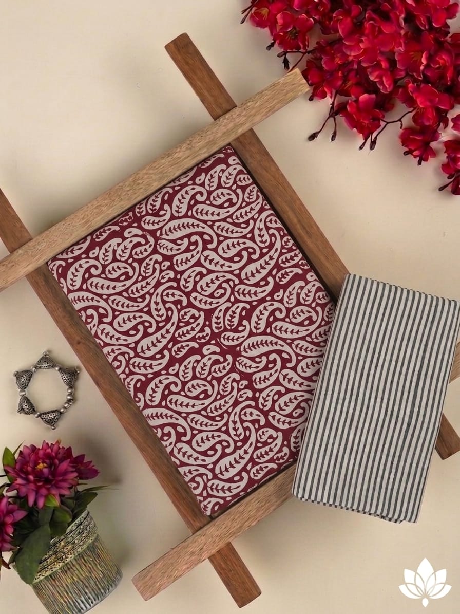 Pure Soft Cotton Handblock Printed 2PC Top-Bottom Suit Set (2.50 Meter Each)