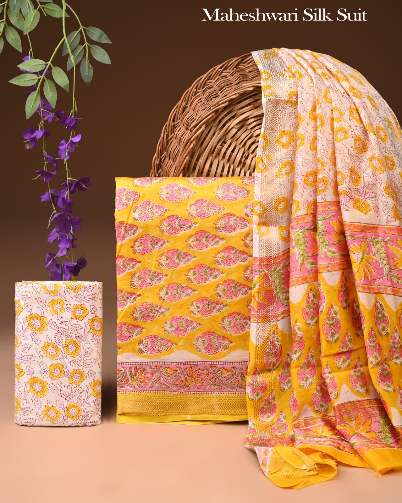 Premium Designer Handblock Printed Maheshwari Silk Suit Set