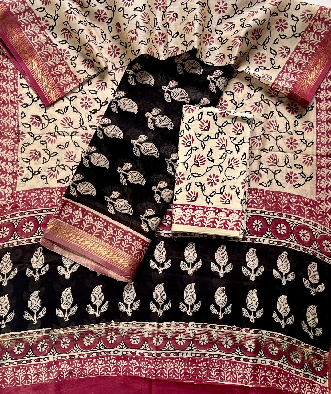 Premium Designer Handblock Printed Maheshwari Silk Suit Set