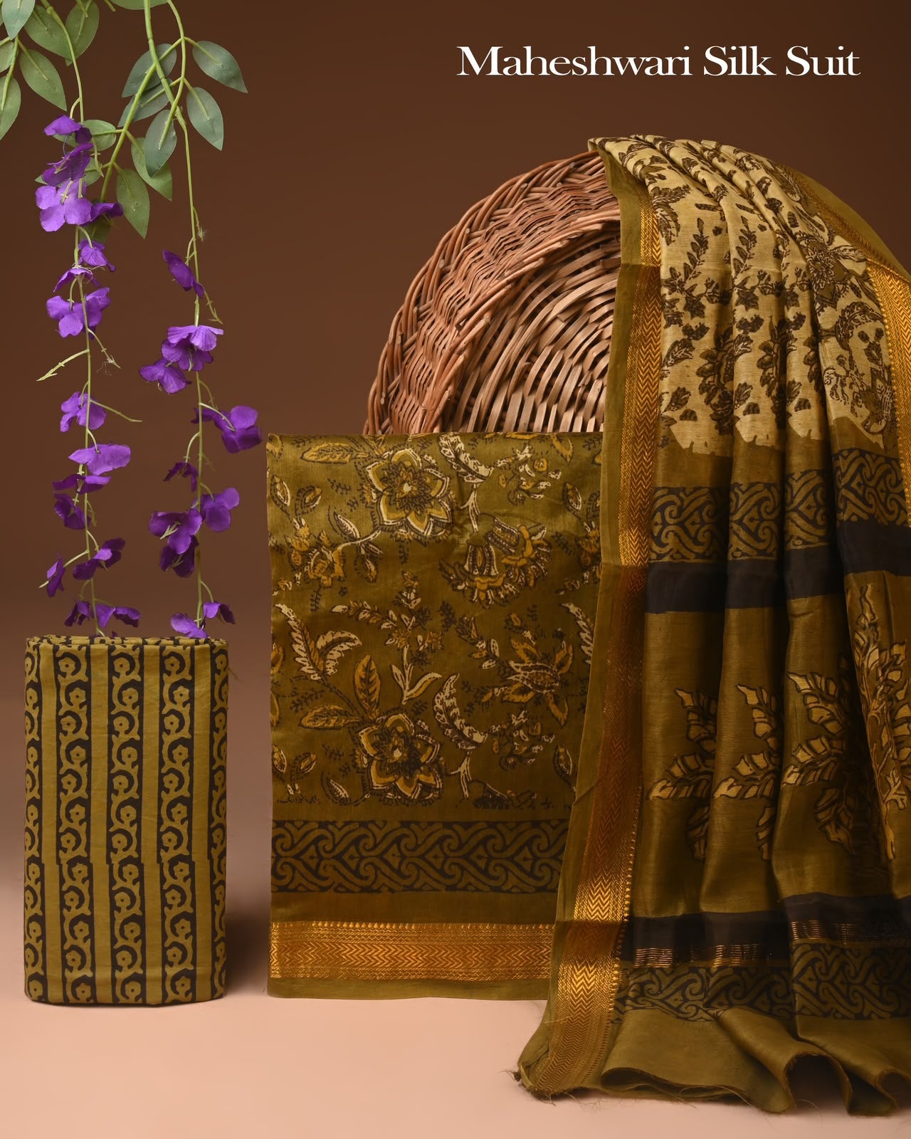 Premium Designer Handblock Printed Maheshwari Silk Suit Set