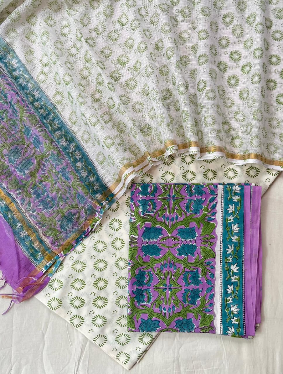 Pure Cotton Hand Block Printed Suit Set With Kota Doria Dupatta