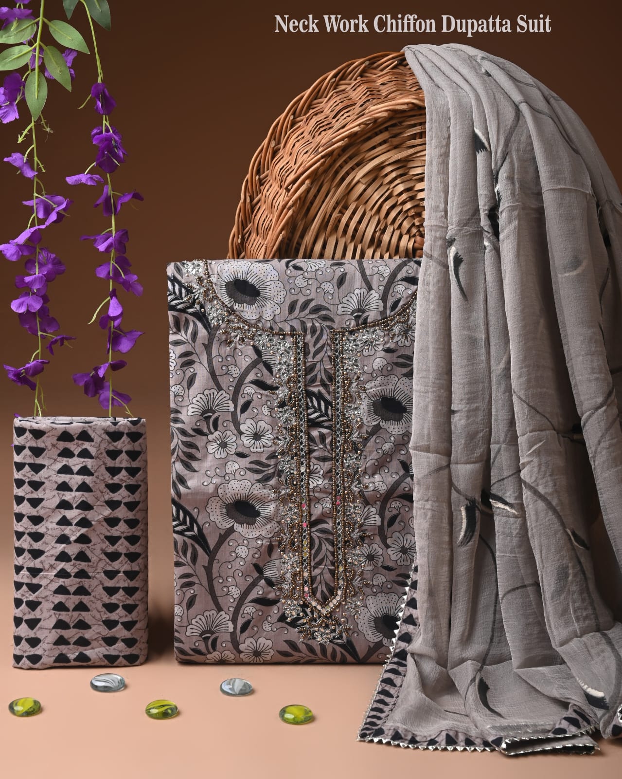 Premium Gota Patti Work Cotton Suit Set With Chiffon Dupatta