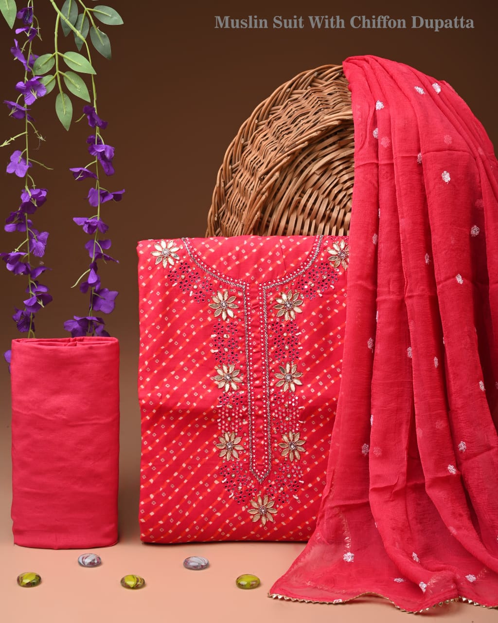 Premium Gota Patti Work Cotton Suit Set With Chiffon Dupatta