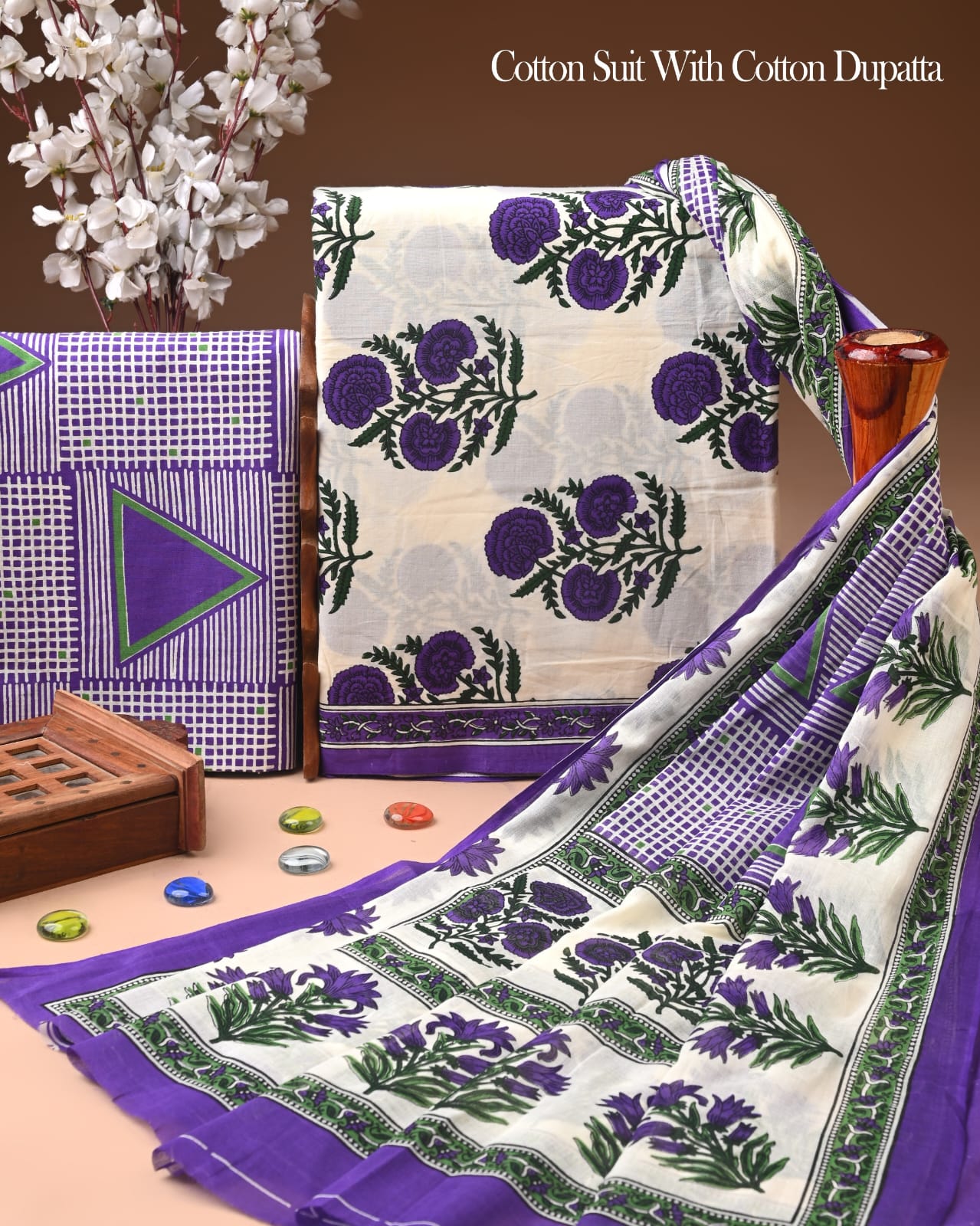 Pure Soft Cotton Hand Block Printed Suit Set With Cotton Dupatta