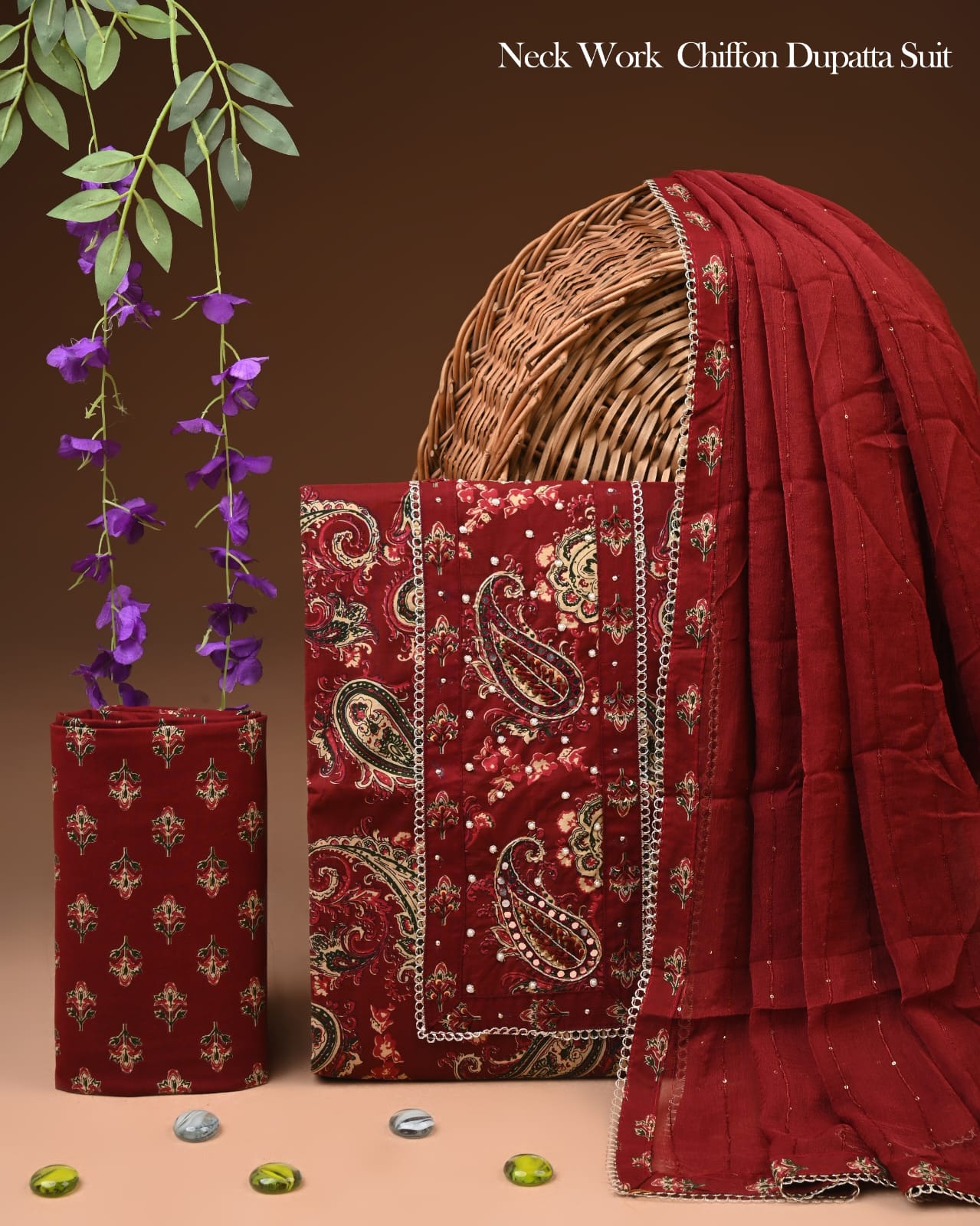 Premium Gota Patti Work Cotton Suit Set With Chiffon Dupatta