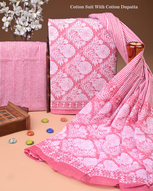 Designer Hand Block Printed Cotton Suit Set With Cotton Dupatta