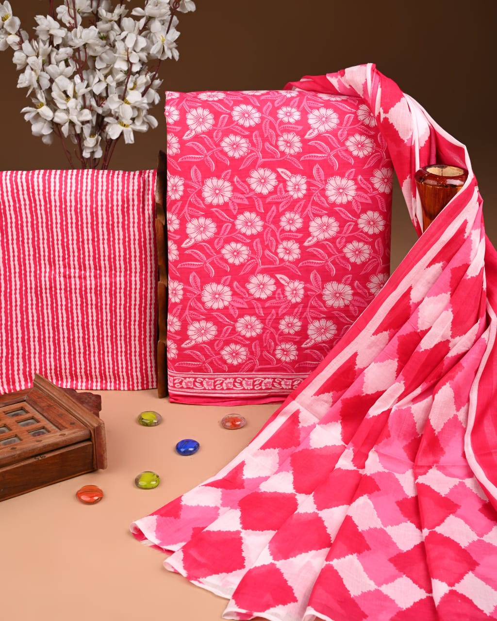 Designer Hand Block Printed Cotton Suit Set With Cotton Dupatta
