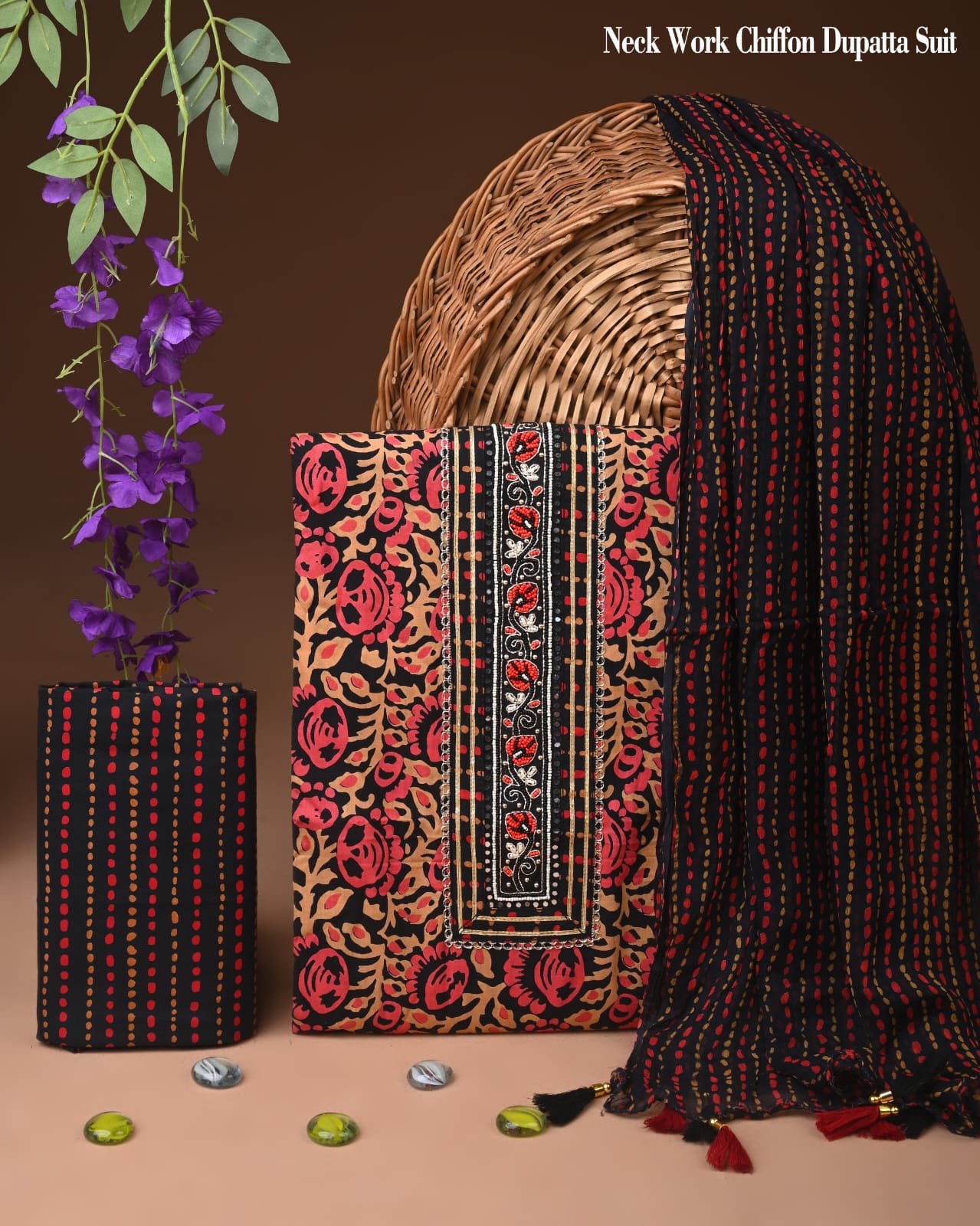 Premium Gota Patti Work Cotton Suit Set With Chiffon Dupatta