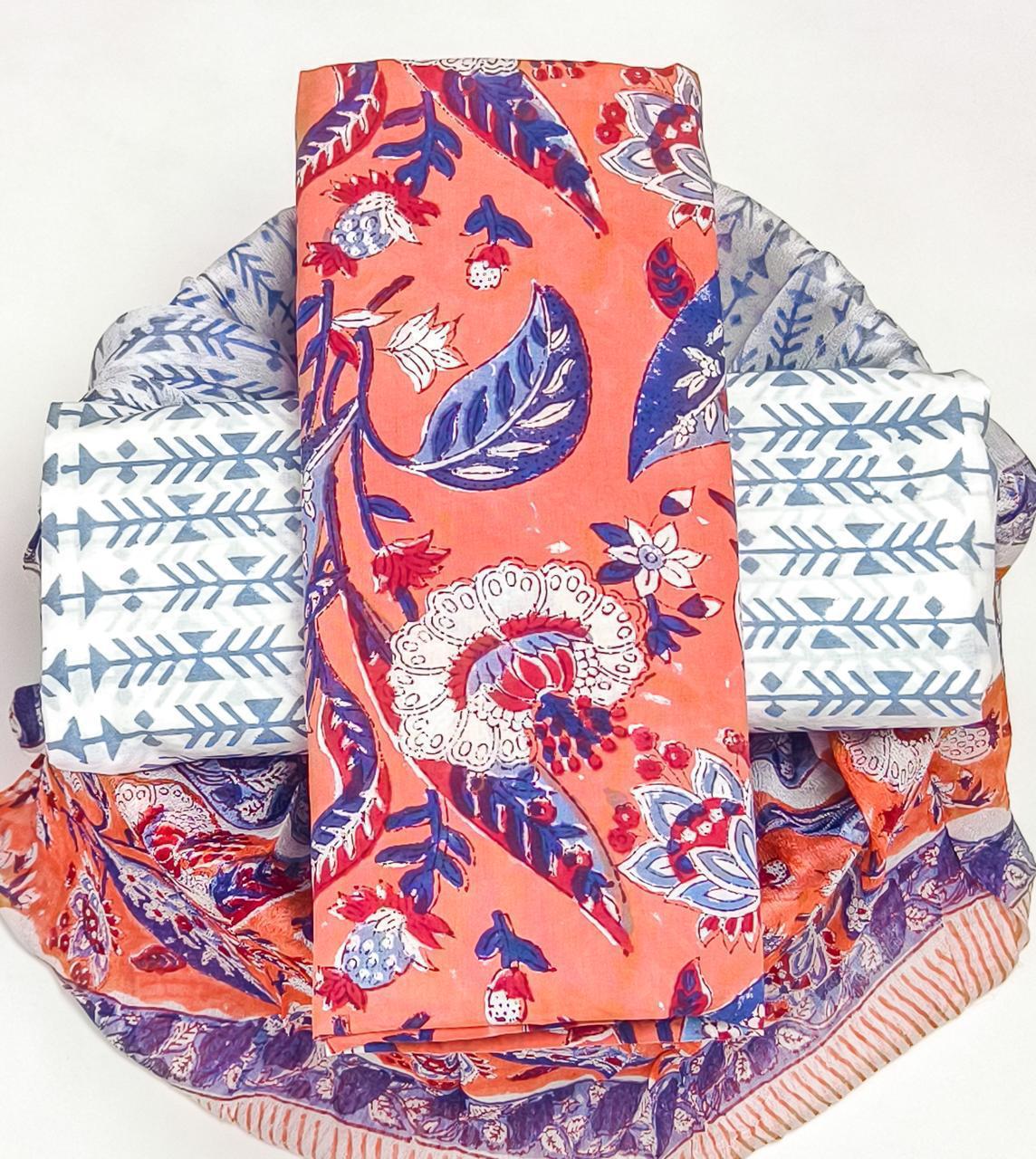 Pure Cotton Hand Block Printed Suit Set With Chiffon Dupatta