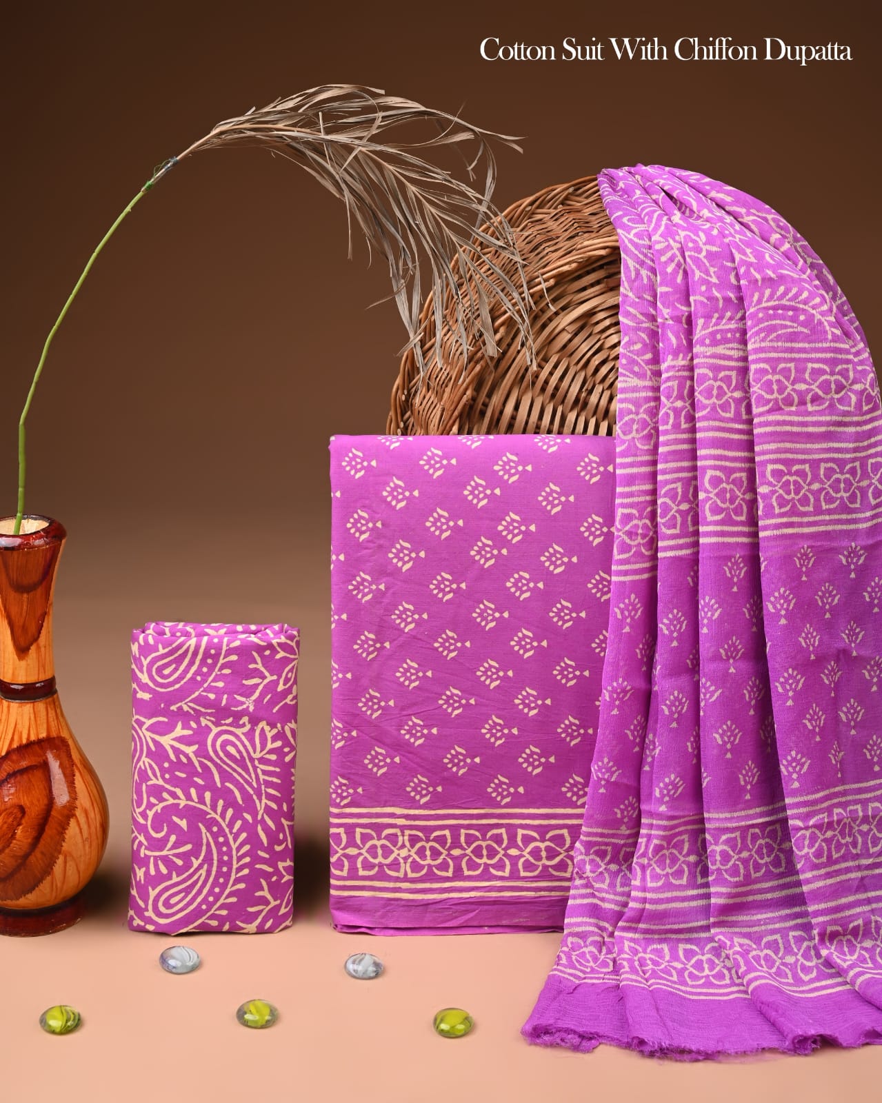 Pure Cotton Hand Block Printed Suit Set With Chiffon Dupatta