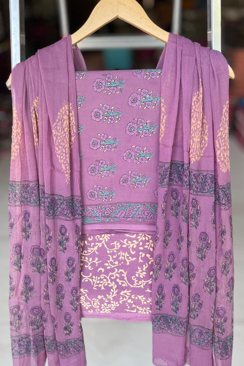 Pure Cotton Hand Block Printed Suit Set With Chiffon Dupatta