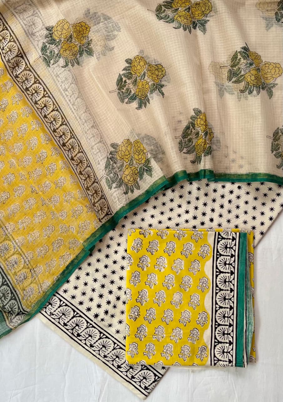 Pure Cotton Hand Block Printed Suit Set With Kota Doria Dupatta
