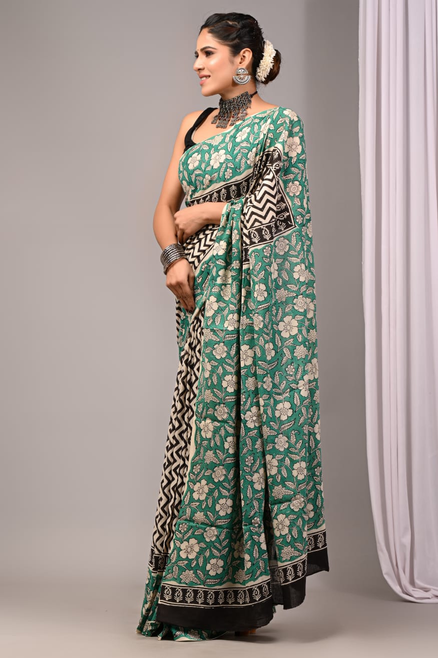 Pure Soft Cotton Handblock Printed Saree With Blouse