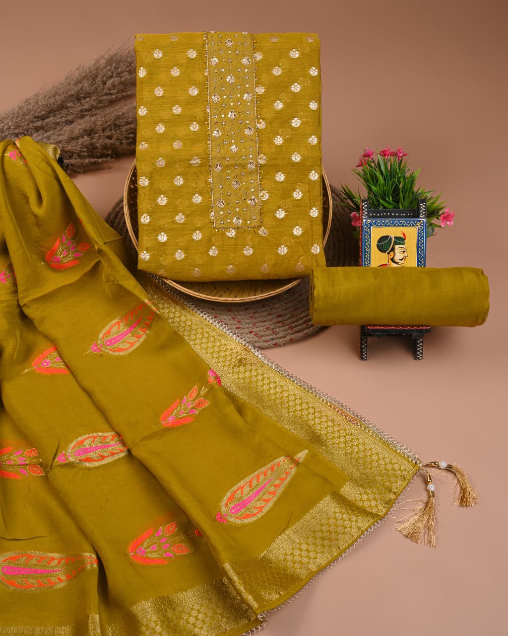Premium Heavy Neck Work Dola Silk Suit Set