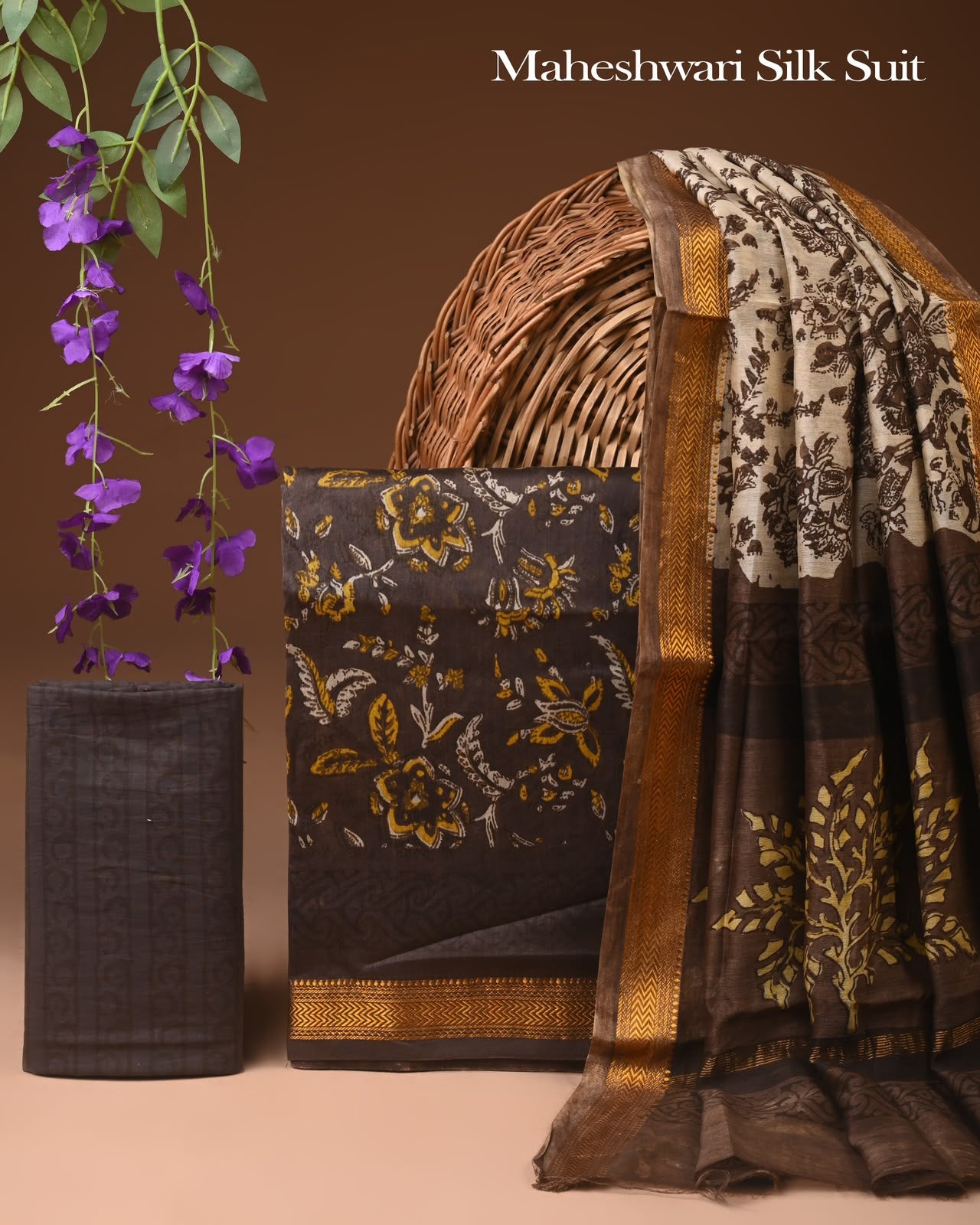 Premium Designer Handblock Printed Maheshwari Silk Suit Set