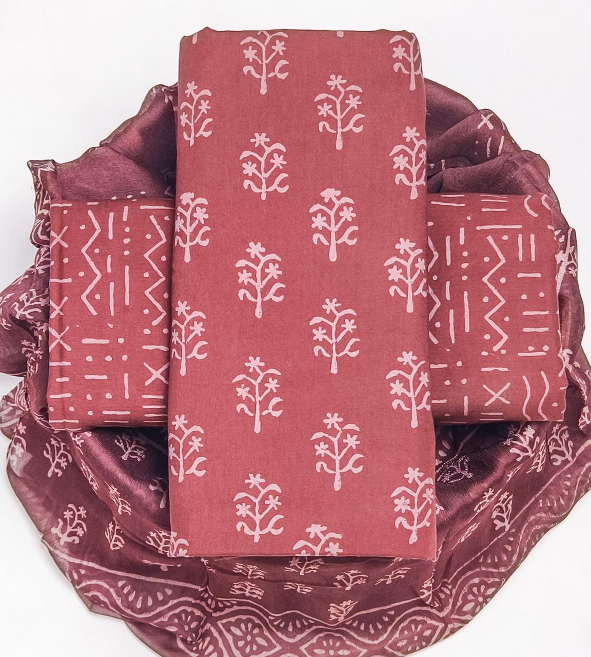 Pure Cotton Hand Block Printed Suit Set With Chiffon Dupatta