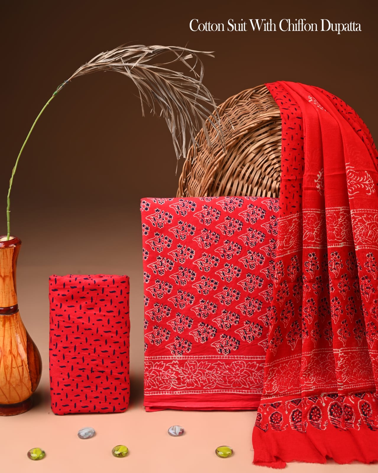 Pure Cotton Hand Block Printed Suit Set With Chiffon Dupatta