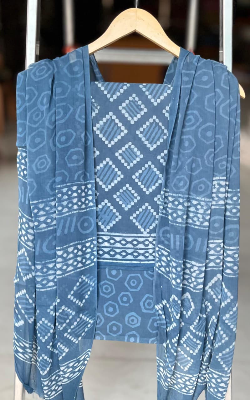 Pure Cotton Hand Block Printed Suit Set With Chiffon Dupatta