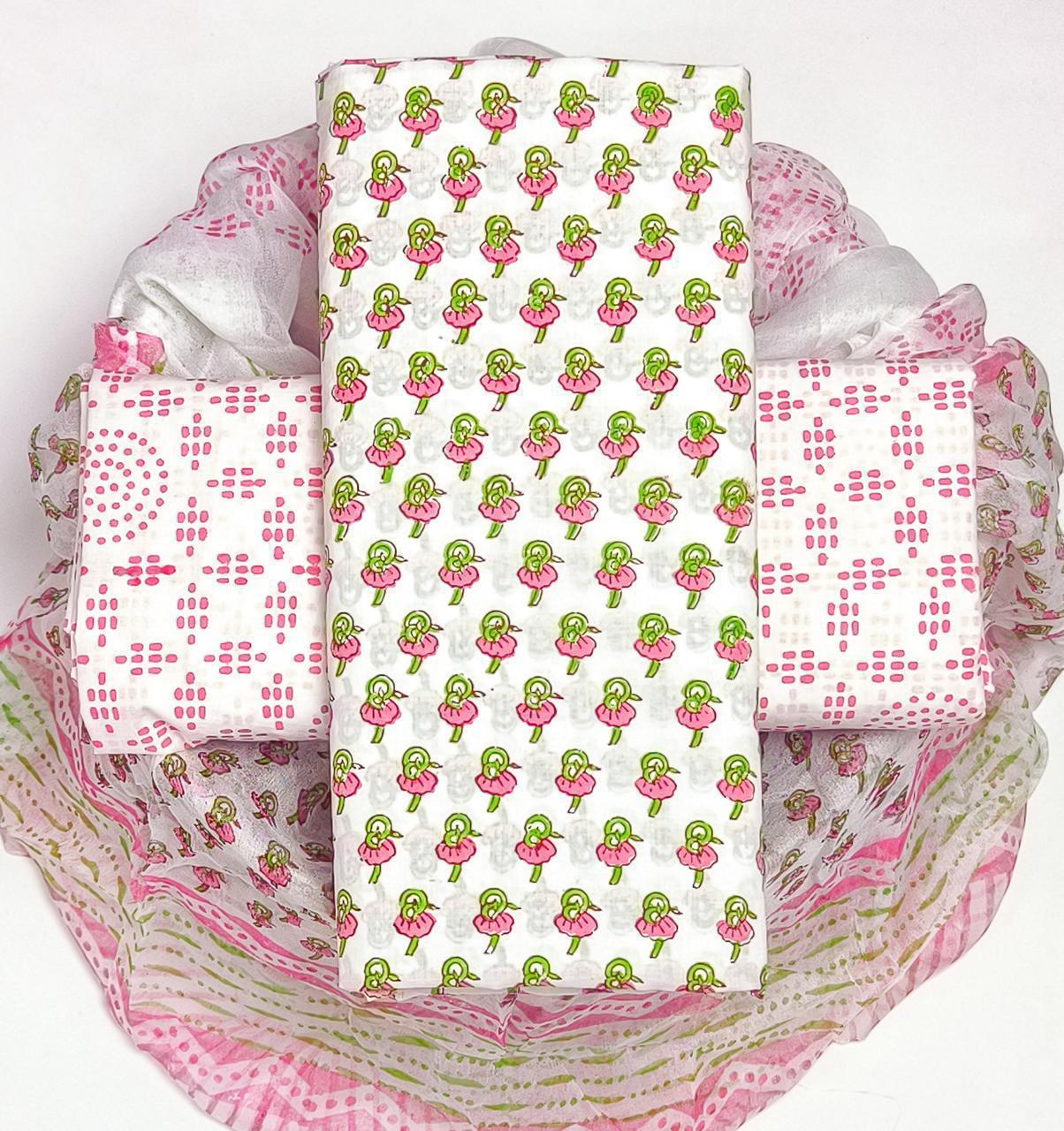 Pure Cotton Hand Block Printed Suit Set With Chiffon Dupatta