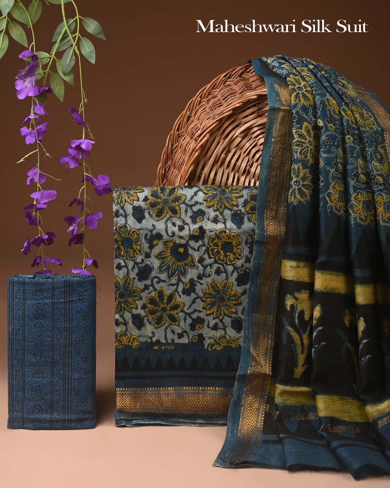 Premium Designer Handblock Printed Maheshwari Silk Suit Set