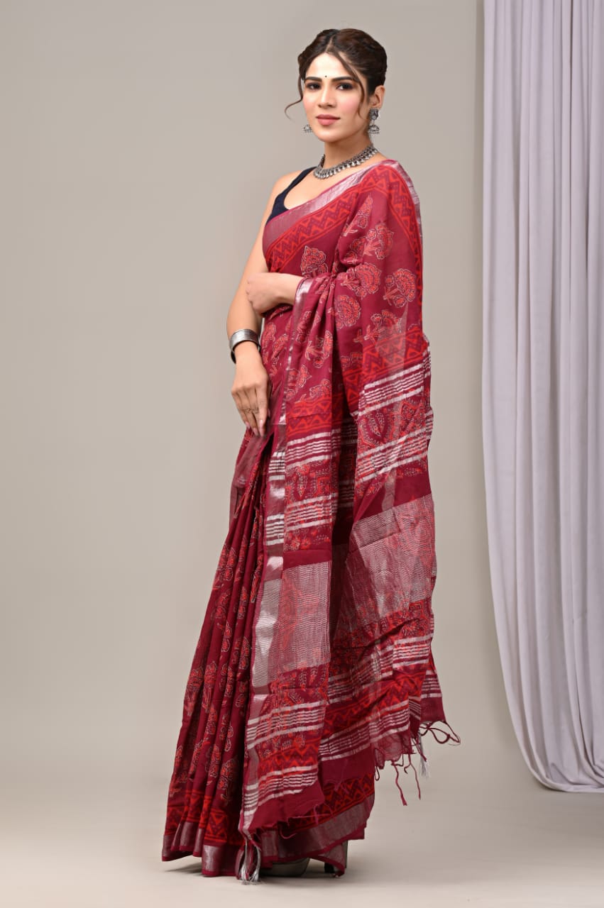 Pure Cotton Linen Handblock Printed Saree With Blouse