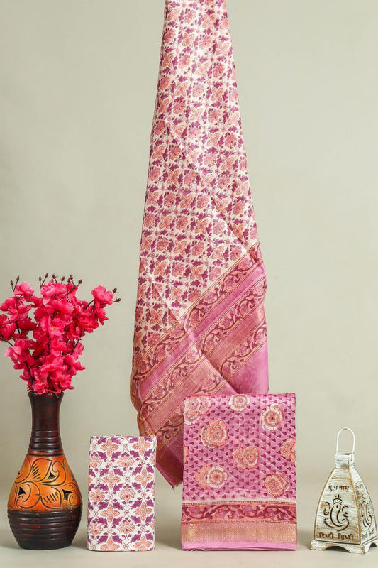 Designer Handblock Printed Maheshwari Silk Suit Set