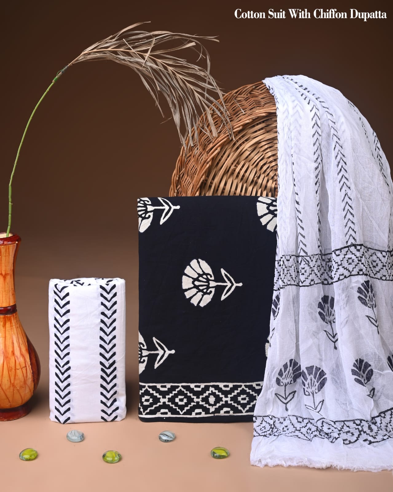 Pure Cotton Hand Block Printed Suit Set With Chiffon Dupatta