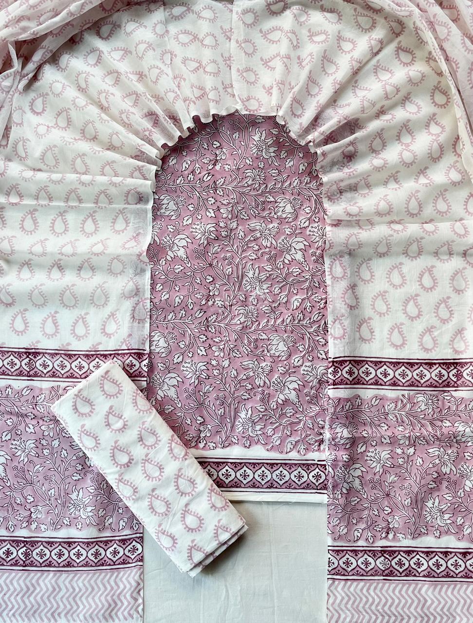 Pure Soft Cotton Hand Block Printed Suit Set With Cotton Dupatta