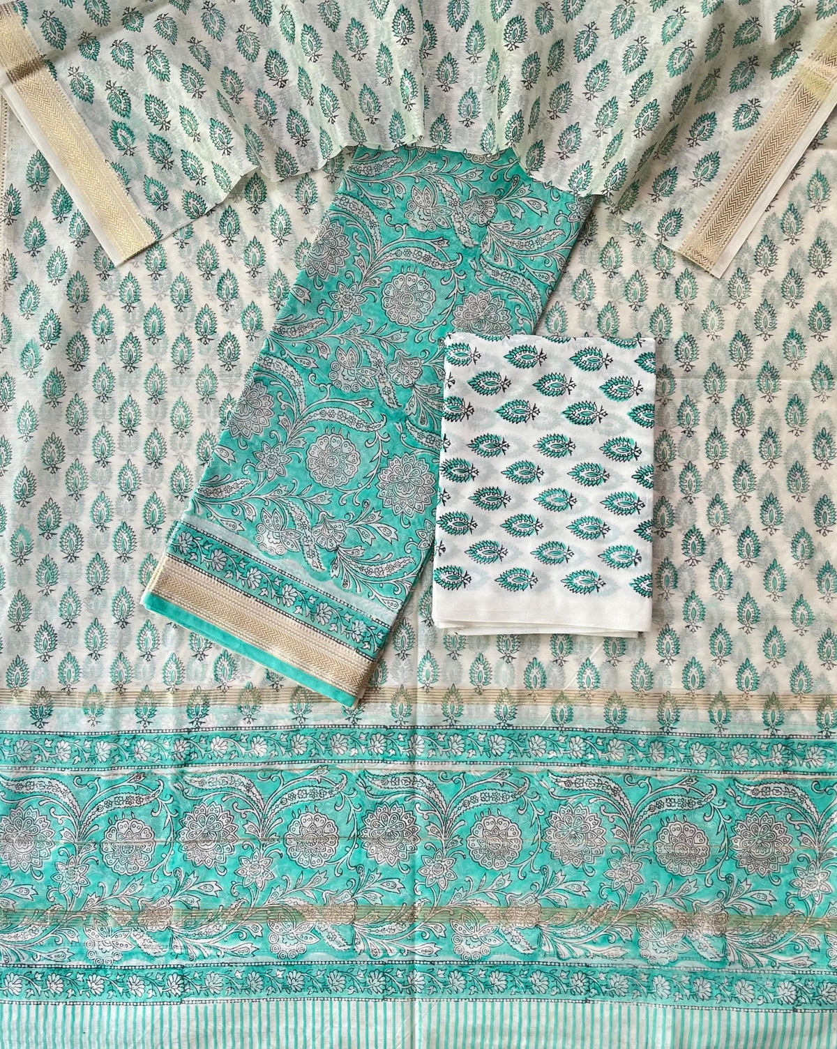 Premium Designer Handblock Printed Maheshwari Silk Suit Set