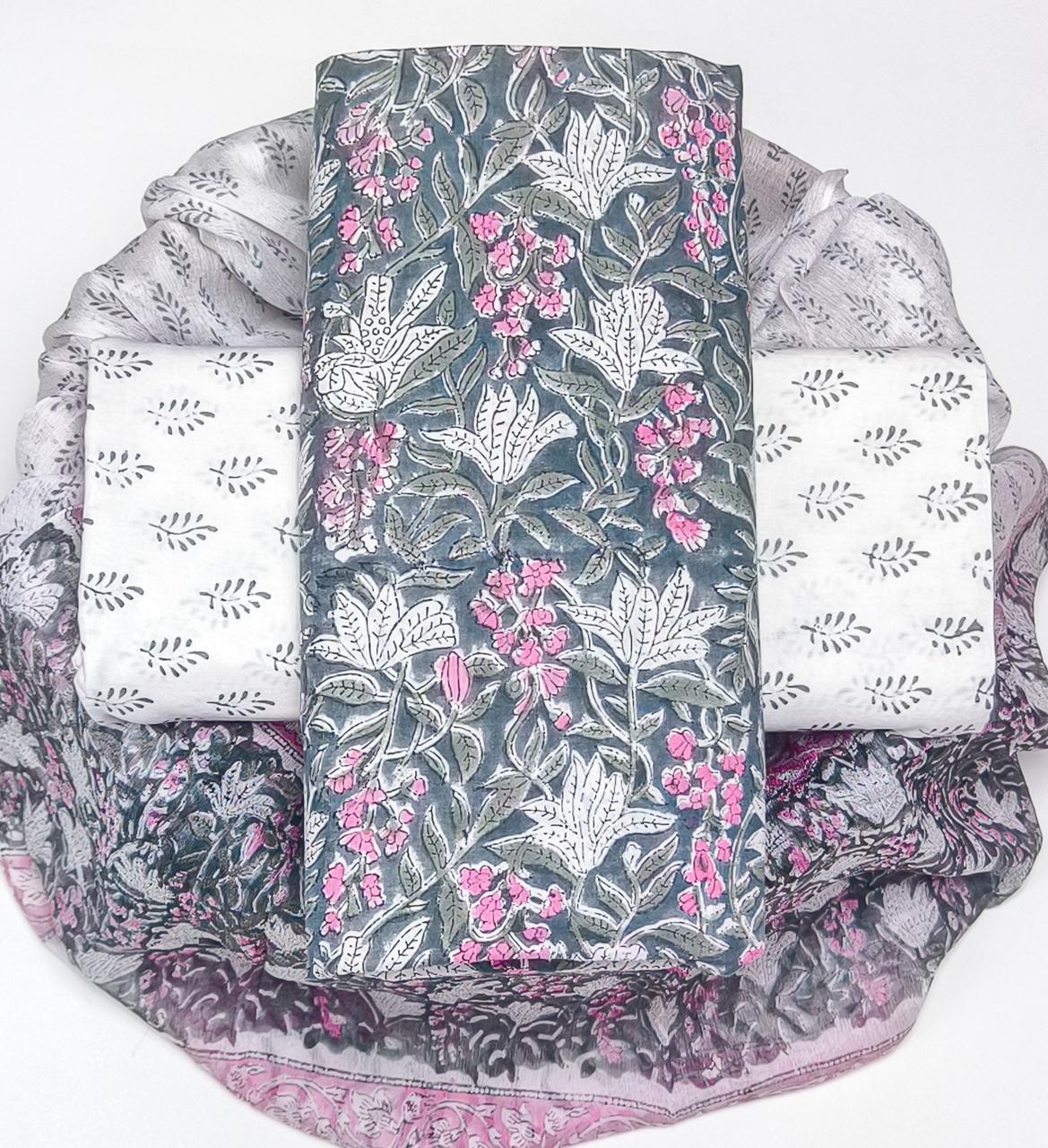 Pure Cotton Hand Block Printed Suit Set With Chiffon Dupatta