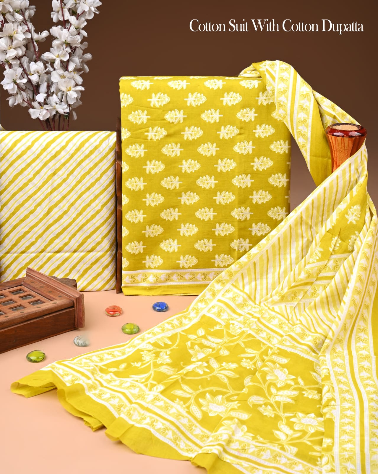 Designer Hand Block Printed Cotton Suit Set With Cotton Dupatta
