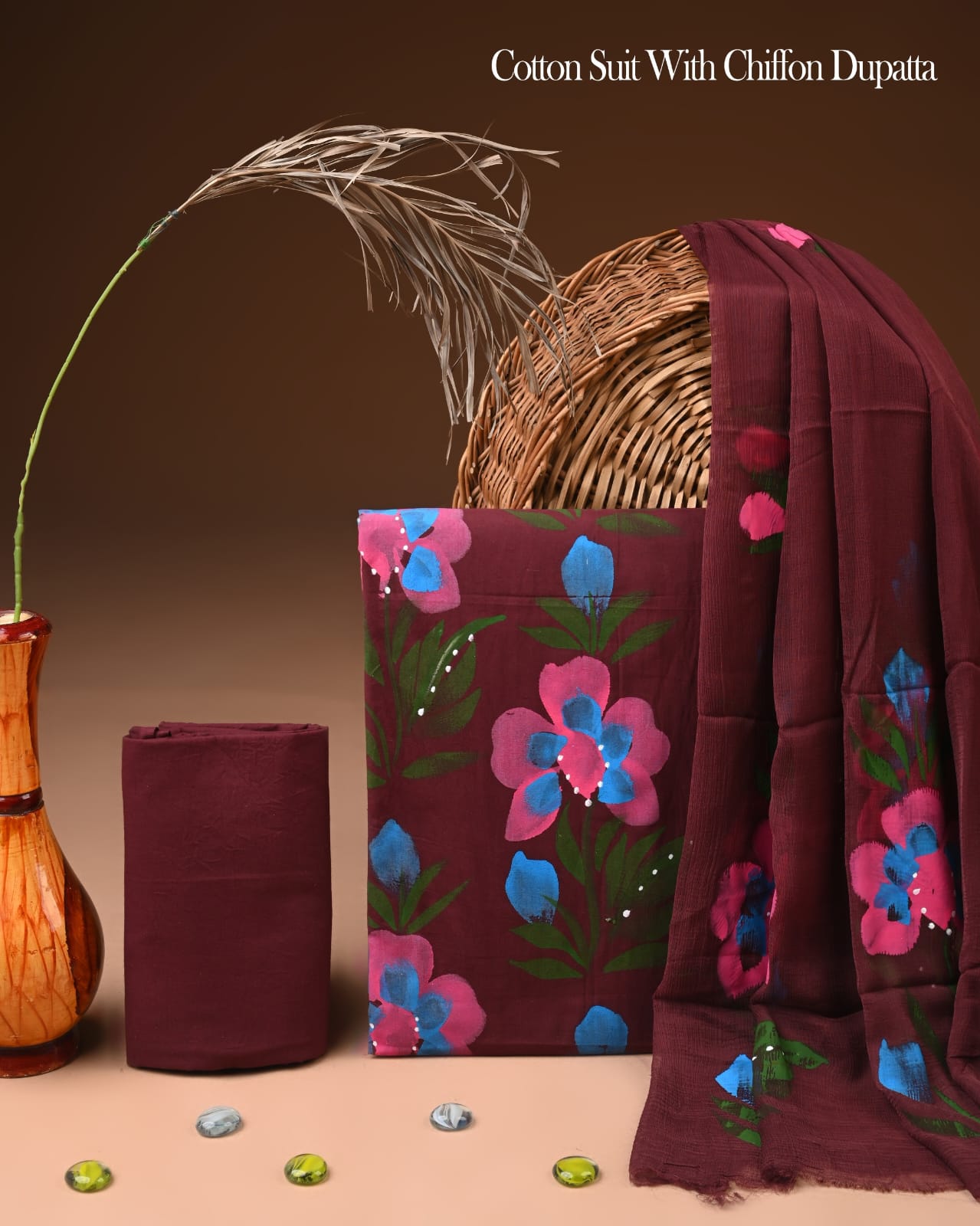 Pure Cotton Hand Block Printed Suit Set With Chiffon Dupatta