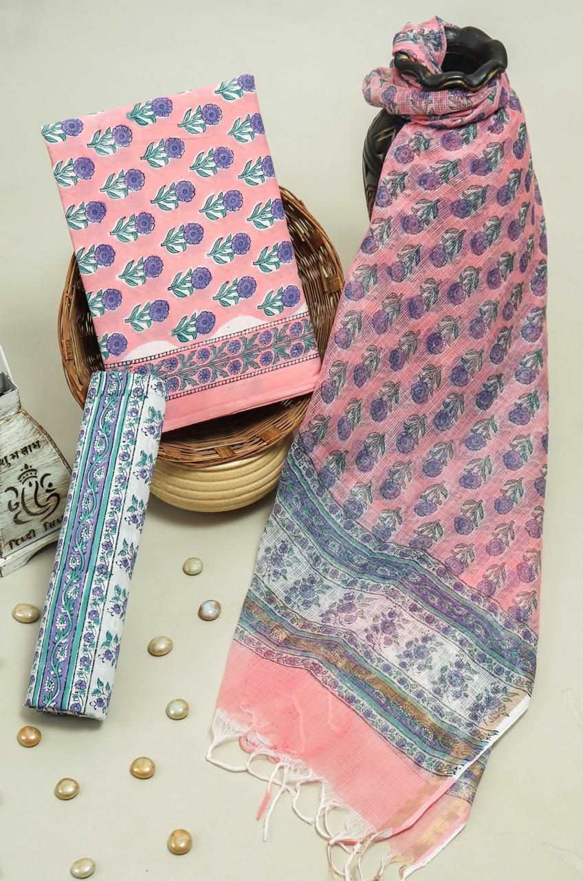 Pure Cotton Hand Block Printed Suit Set With Kota Doria Dupatta