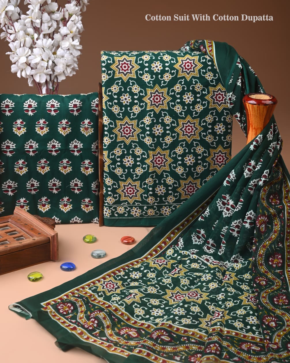 Designer Hand Block Printed Cotton Suit Set With Cotton Dupatta