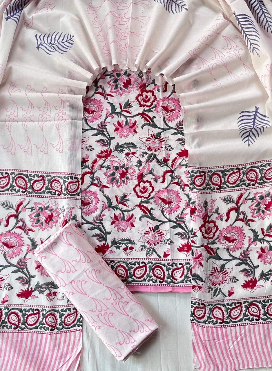 Pure Soft Cotton Hand Block Printed Suit Set With Cotton Dupatta