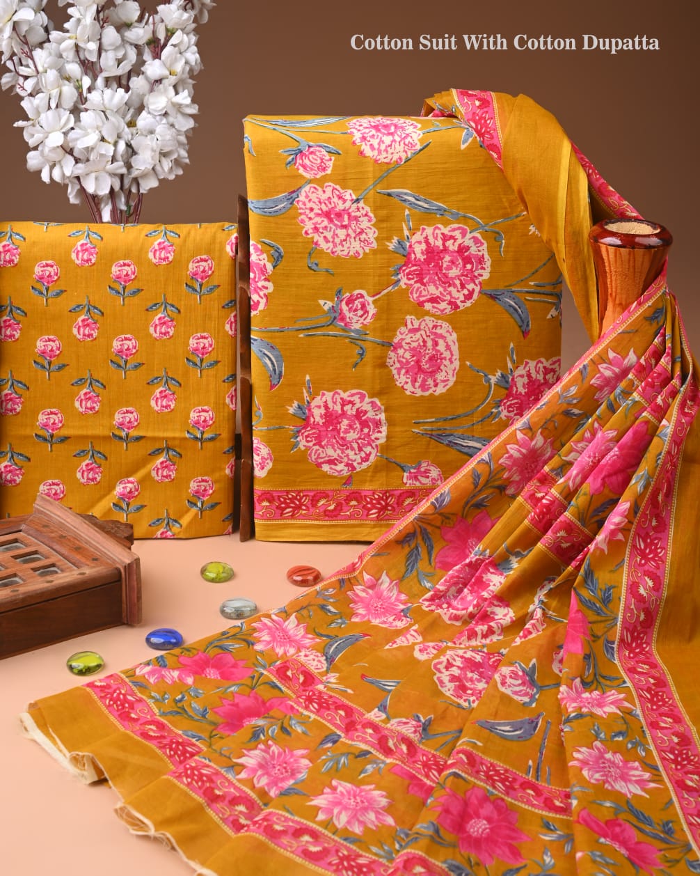 Designer Hand Block Printed Cotton Suit Set With Cotton Dupatta