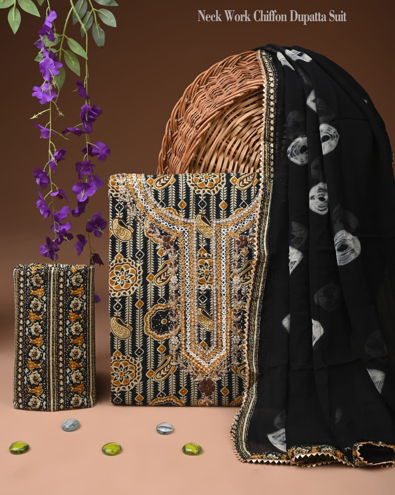 Premium Gota Patti Work Cotton Suit Set With Chiffon Dupatta