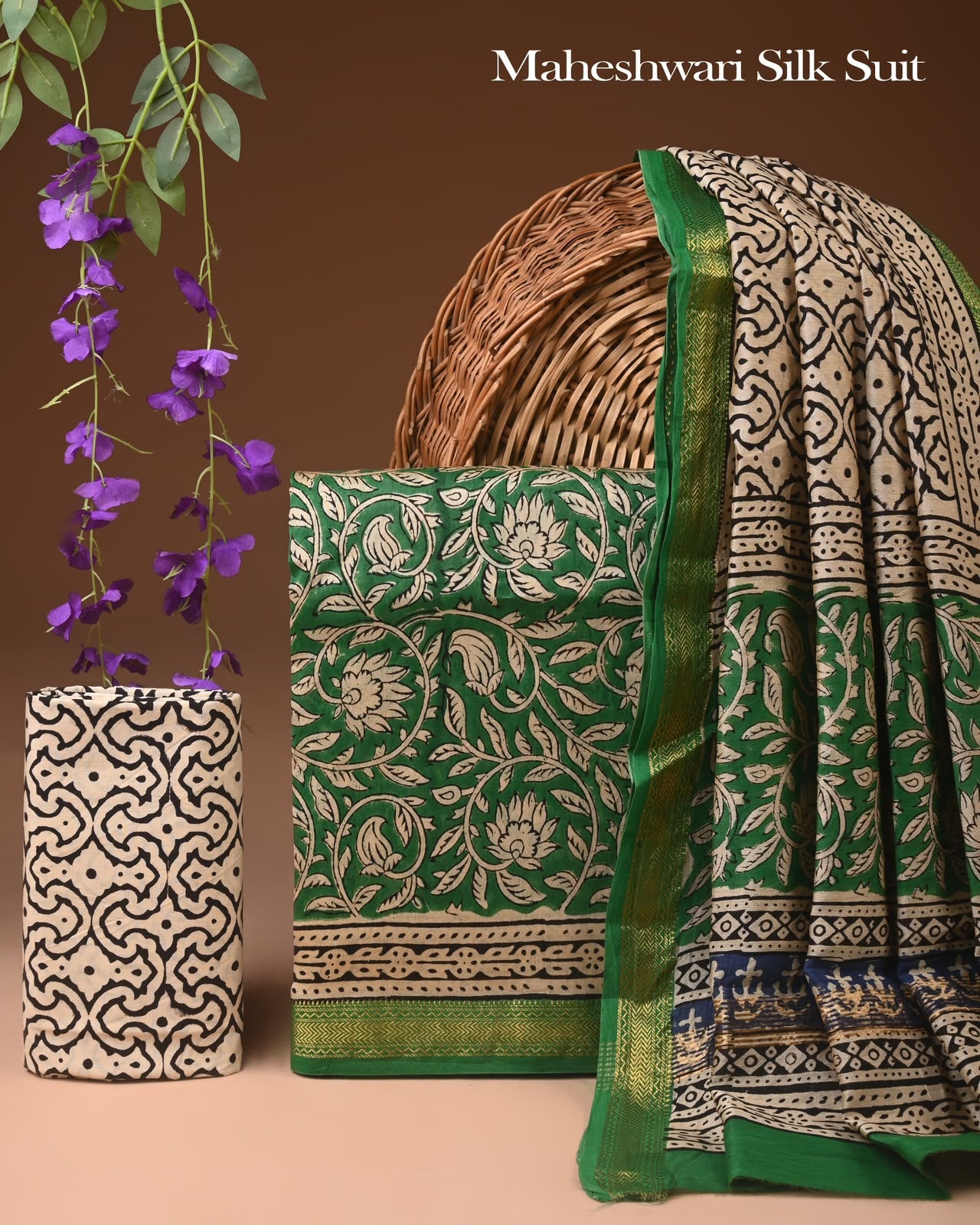 Premium Designer Handblock Printed Maheshwari Silk Suit Set