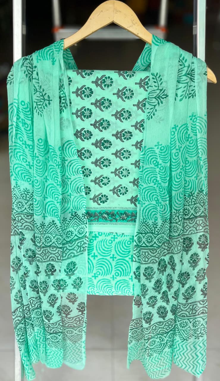 Pure Cotton Hand Block Printed Suit Set With Chiffon Dupatta