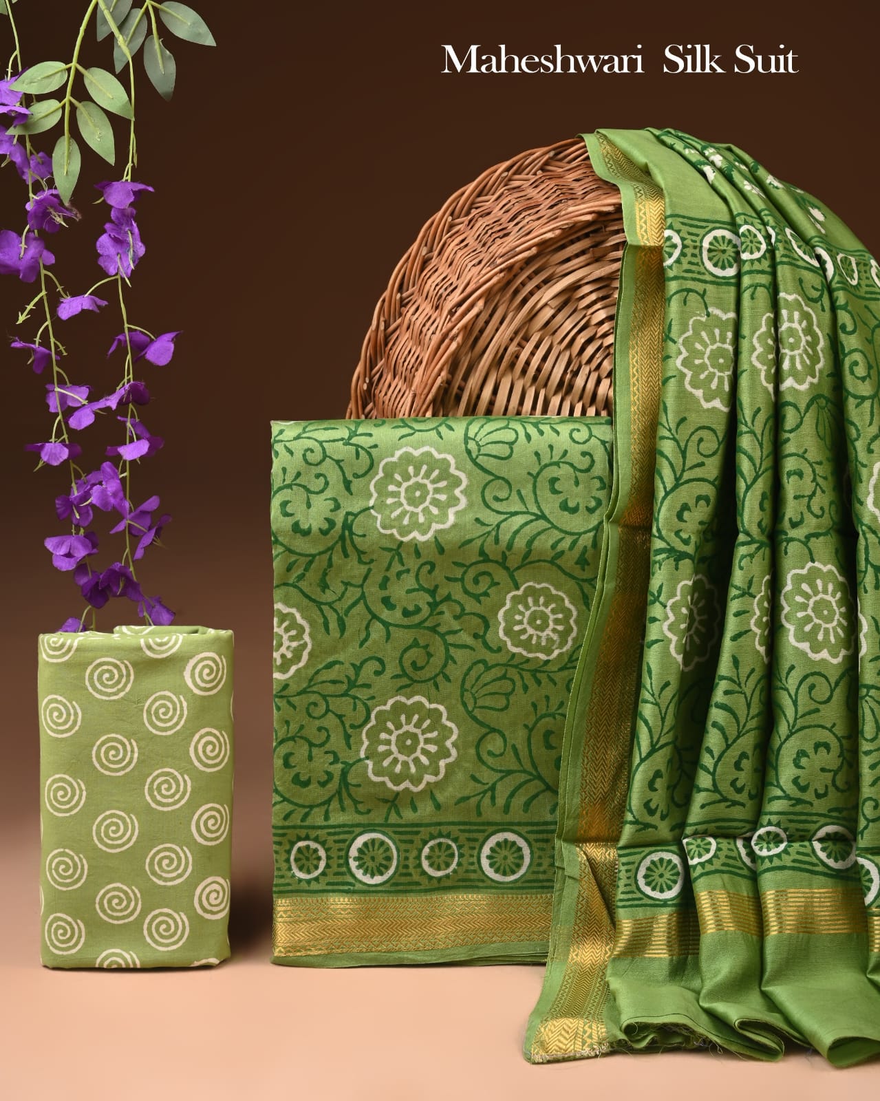 Premium Designer Handblock Printed Maheshwari Silk Suit Set