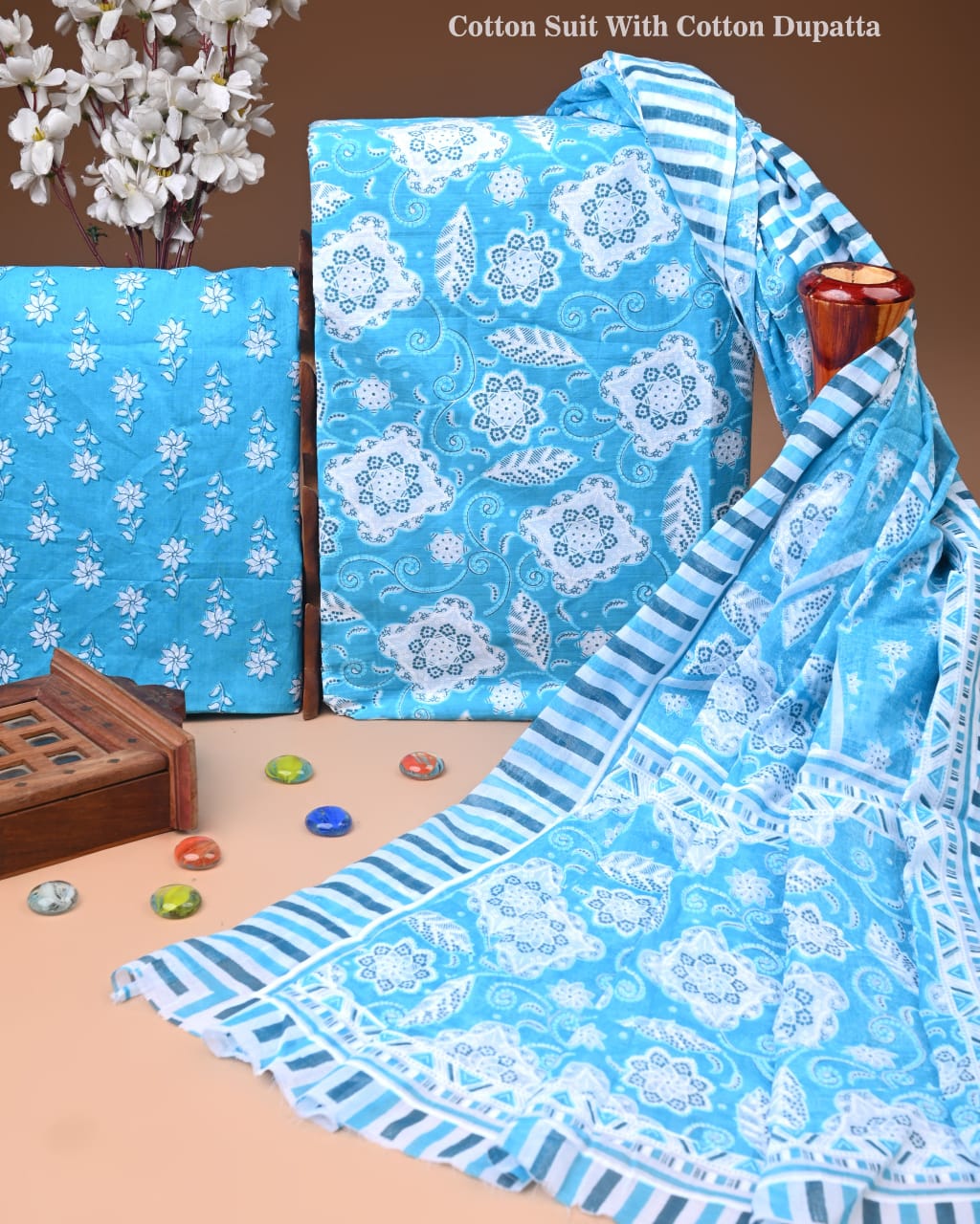 Designer Hand Block Printed Cotton Suit Set With Cotton Dupatta