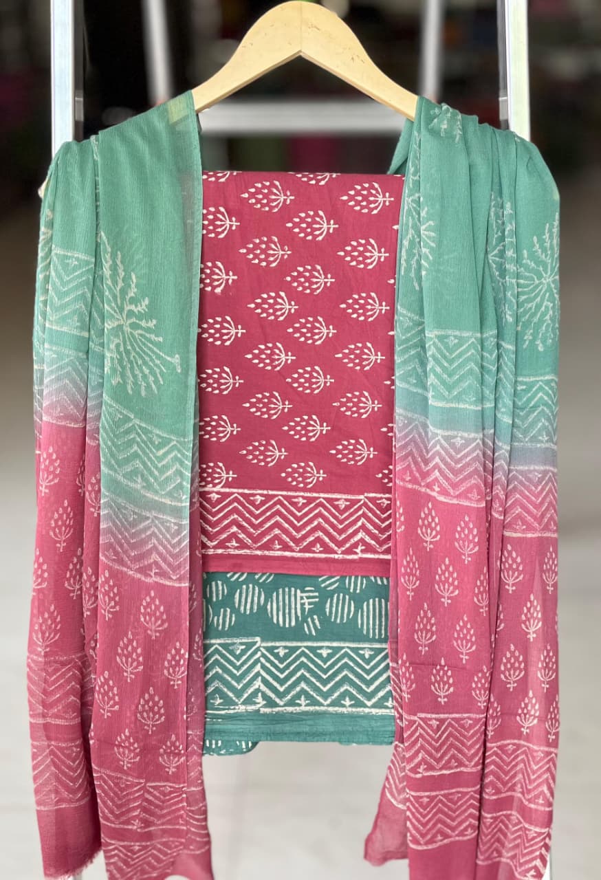 Pure Cotton Hand Block Printed Suit Set With Chiffon Dupatta