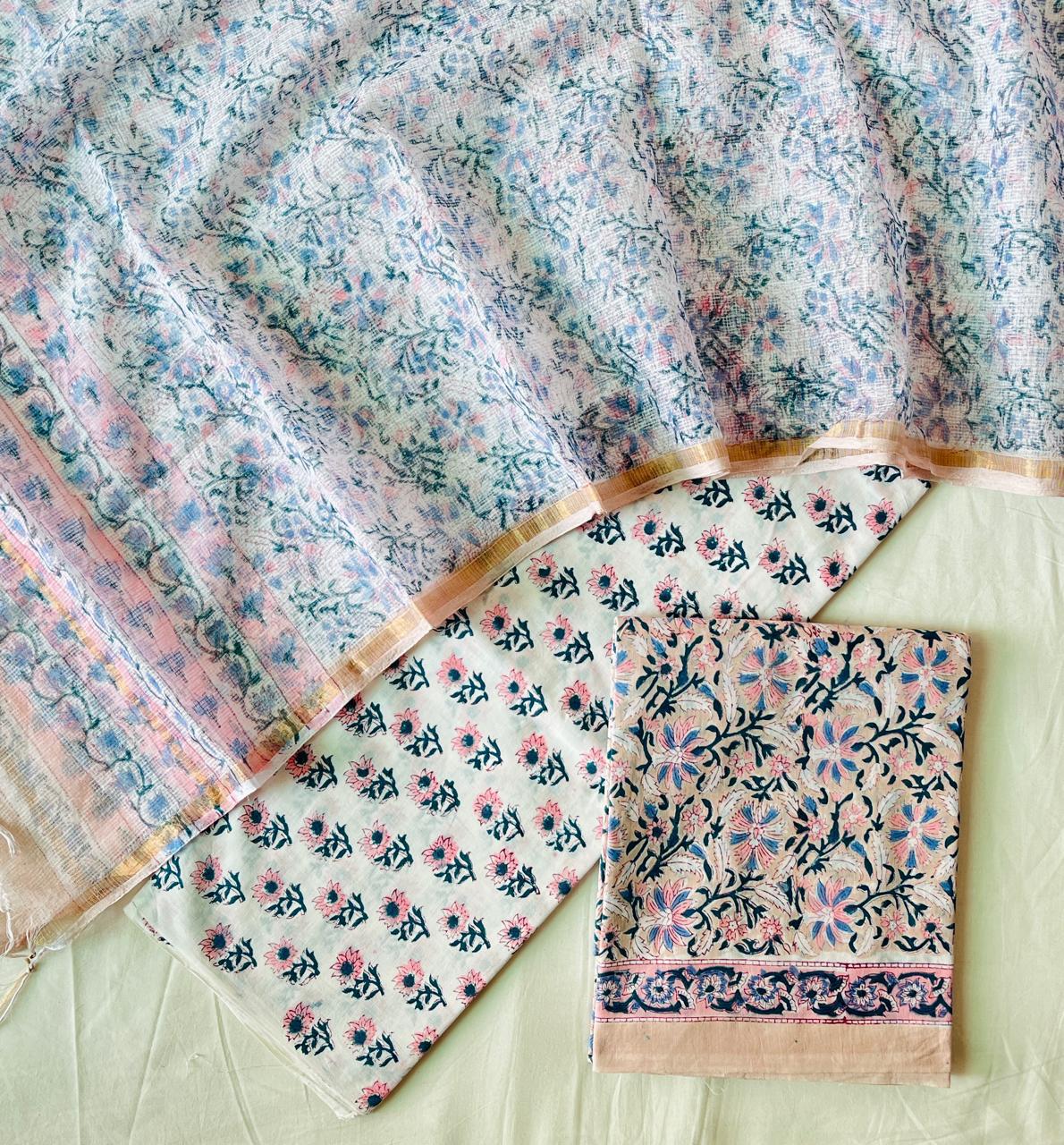 Pure Cotton Hand Block Printed Suit Set With Kota Doria Dupatta