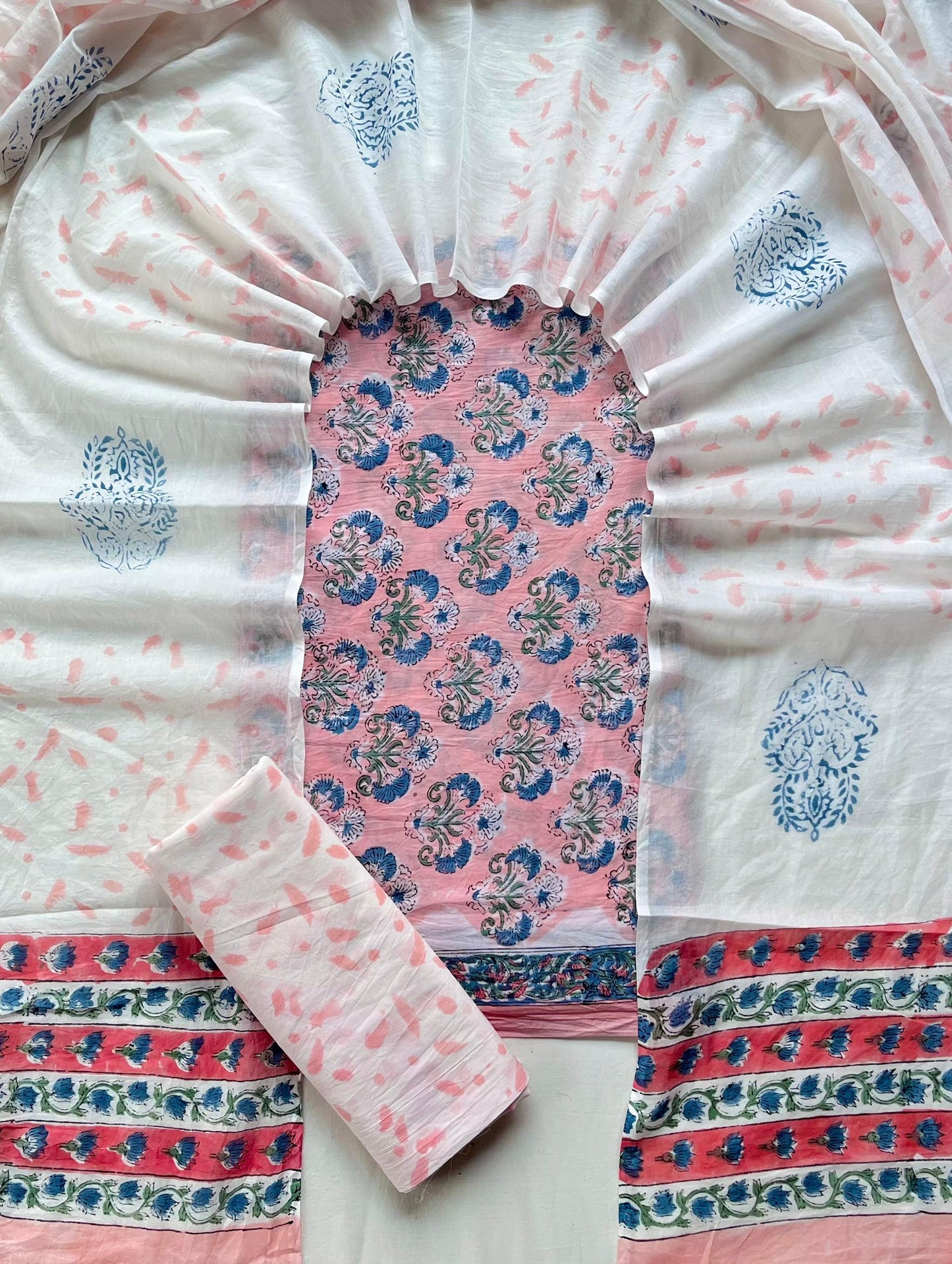 Pure Soft Cotton Hand Block Printed Suit Set With Cotton Dupatta